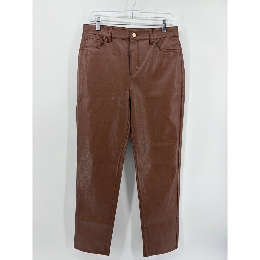 Talbots Womens 8 Brown Faux Leather Straight Leg Pants Gold Button 5-Pocket